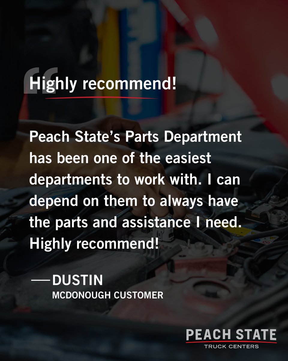 PeachStateTC's tweet photo. ⭐⭐⭐⭐⭐
 📍 Peach State Truck Centers McDonough

Our Parts team works hard to make sure you get the parts and support you need without the hassle. Thank you for the recommendation and for trusting Peach State to keep you moving.

#PeachStateTruckCenters https://t.co/Y2tMbCfysd