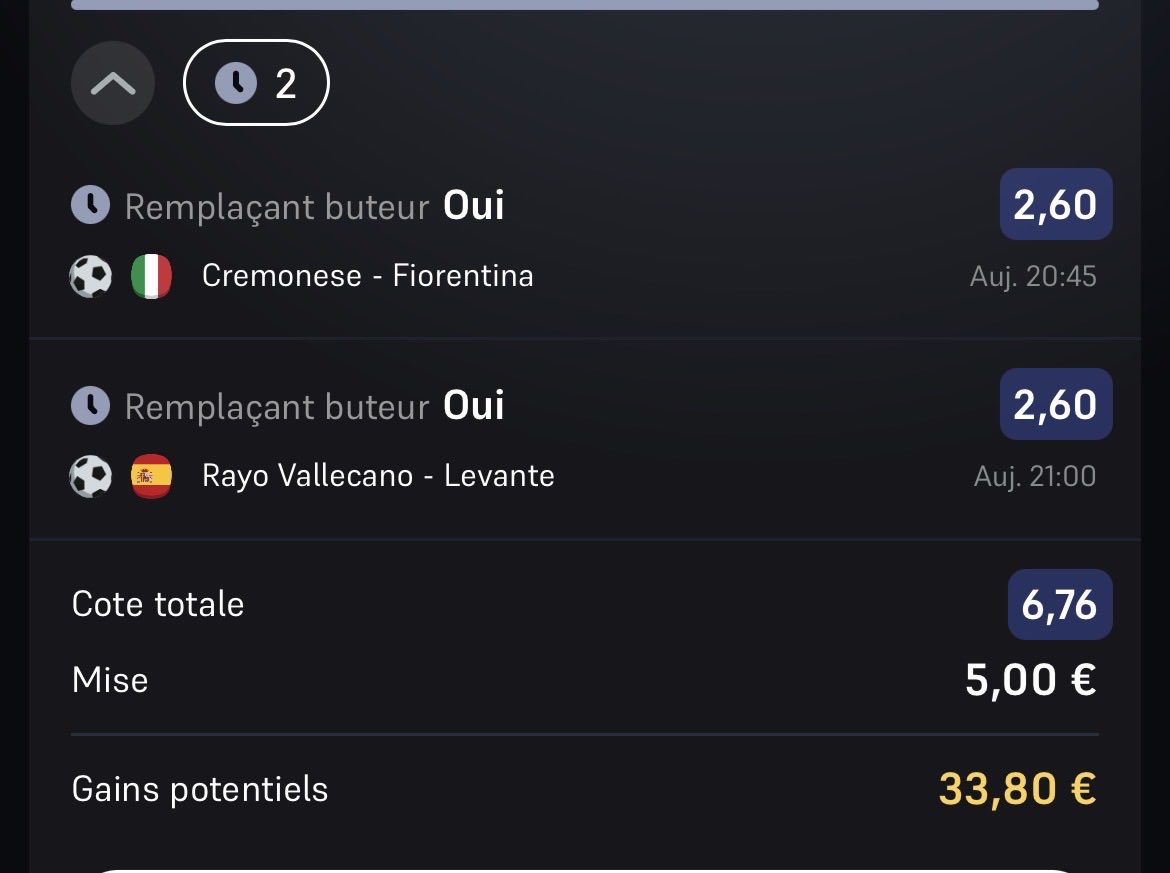 ⚽️🔥 Pour suivre ce soir sur deux matchs … 

🇮🇹 Cremonese/Fio 
⚽️ Tête 2,80 W (7,50€)
⚽️ Remplaçant 3,60 W (8€)

🇪🇸 Rayo/Levante 
⚽️ Penalty 3,70 W (5€)
