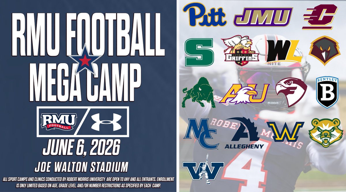 CALLING ALL PROSPECTS!
Spoke with our Camp Director <a href="/Coach_CooperFB/">Marshall Cooper</a> He told me we are filling up! Last year we had over 50 Colleges in Attendance.  

Come get Coached Up &amp; COMPETE!!!
<a href="/RMU_Football/">RMU Football</a> U Know!! 🔴⚪️🔵

…ertmorrisfootballcamps.totalcamps.com/About%20Us