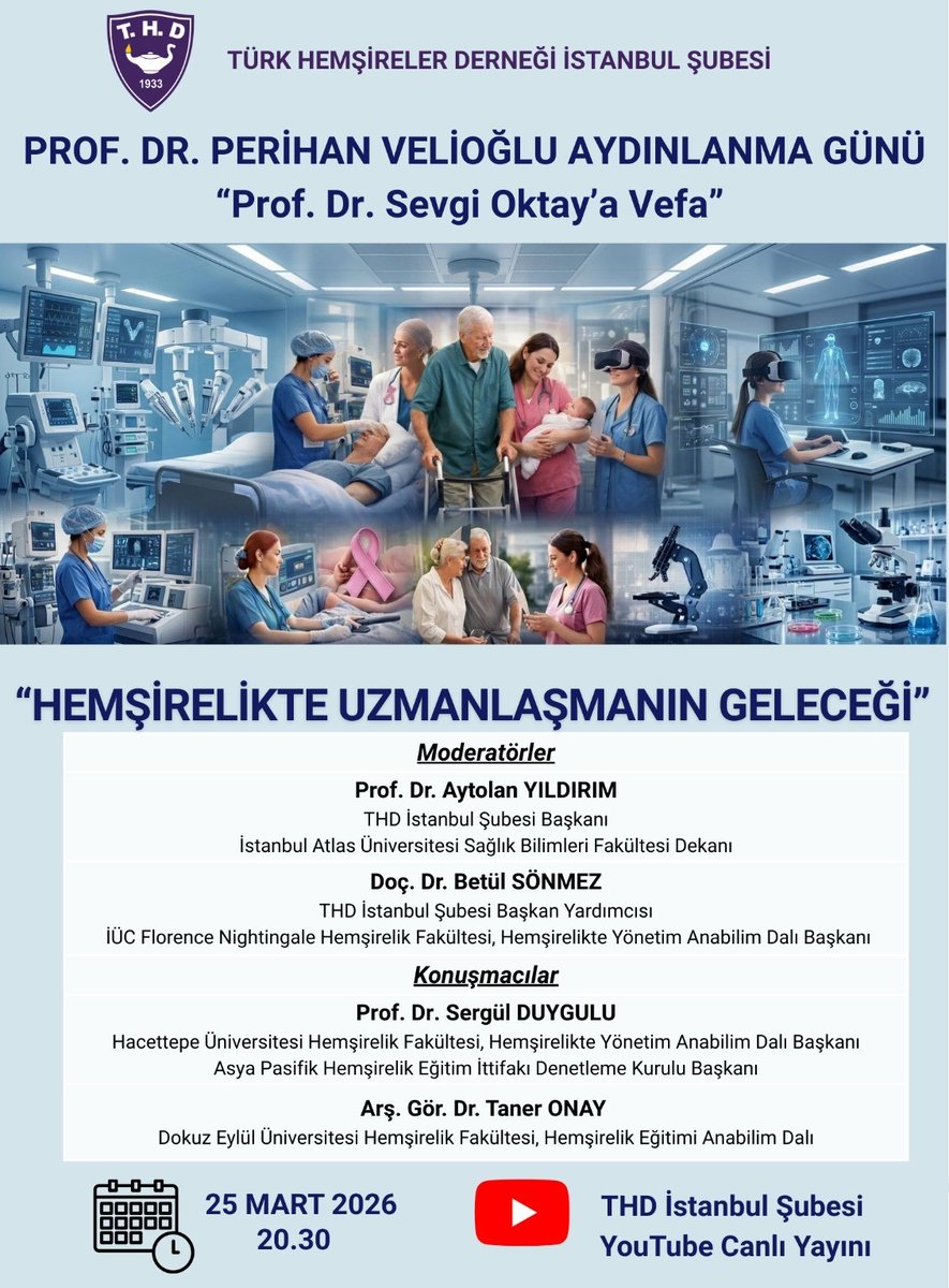 drtaneronay's tweet photo. 10 yıl önce değerli hocamız Sevgi Oktay beni Türk Hemşireler Derneği İstanbul Şubesi etkinliğine konuşmacı olarak davet etmişti.

Bu yıl aynı etkinliğin vefa programında yeniden konuşmacı olacağım.

🗓 25 Mart 2026 20.30
Konu: Hemşirelikte Uzmanlaşmanın Geleceği https://t.co/gzK76QI7I4