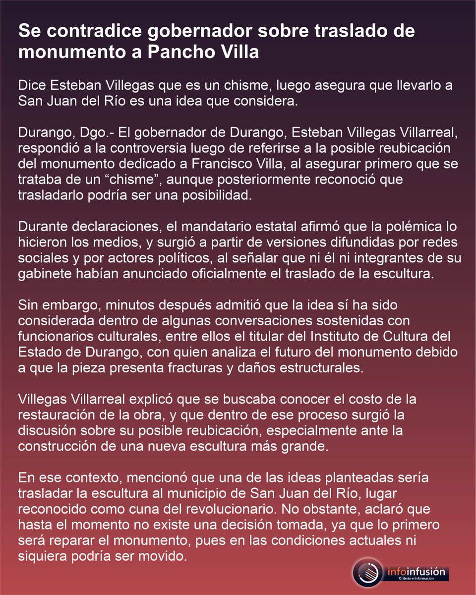 ⭕️|| Se contradice gobernador sobre traslado de monumento a Pancho Villa #Durango

Dice Esteban Villegas que es un chisme, luego asegura que llevarlo a San Juan del Río es una idea que considera.