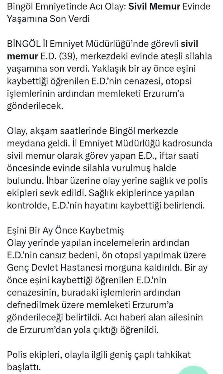 İntiharlara yönelik etkinlik yapılırken Bingöl İl Emniyet Müdürlüğü kadrosunda görevli sivil memur E. D.'nin intihar haberi geldi. 

10 gün içinde 8 (biri teşebbüs) intihar gerçekleşti. 

Teröre şehit verdiğimizden daha fazla mesai arkadaşımızı intiharlara kurban veriyoruz.