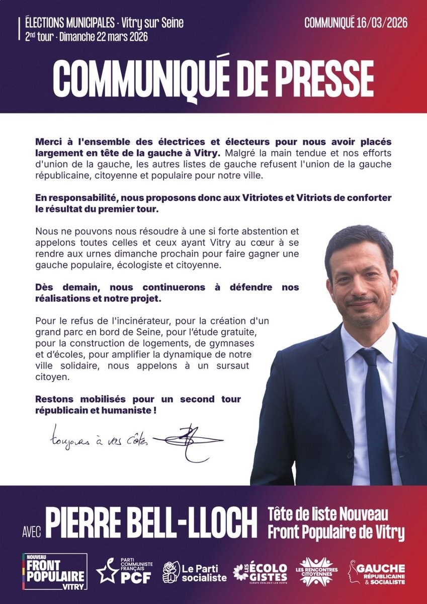 A Vitry le maire Pierre Bell-Lloch, candidat PCF, est arrivé loin en tête au 1er tour et a proposé la fusion à la liste LFI.
Mais LFI a préféré s'allier avec une liste social-libérale de Frédéric Bourdon

Dimanche faisons perdre la tambouille politicienne.
Pour un Vitry populaire