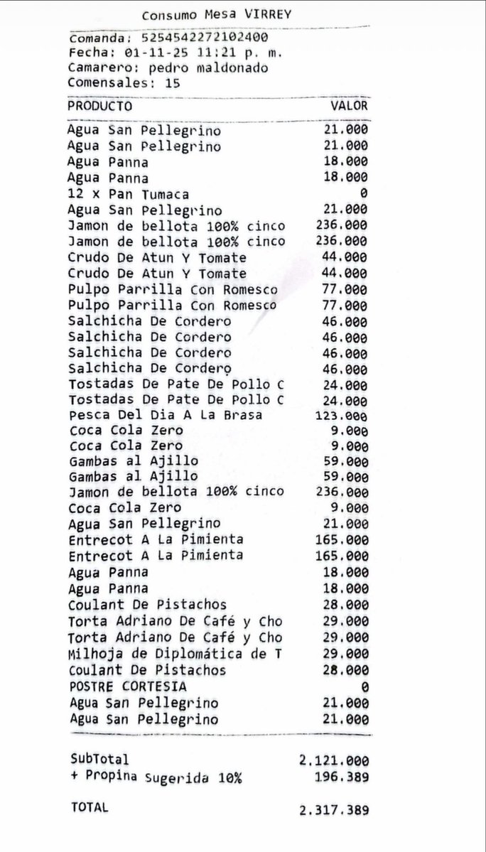 📌 Restaurante Adriano $ 2,317389
📌 Restaurante Adriano $ 1,907,676
📌 Babilla Cine $ 1,203,000
📌 Mesa Virrey $ 2,121,000

Son cuentas en restaurantes facturadas a nombre de <a href="/RTVCnoticias/">RTVC Noticias</a>. ¿Hay directivos que tienen tarjetas abiertas para estos consumos? 

El gerente