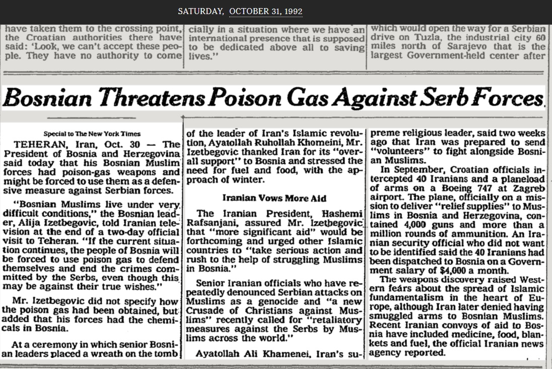 🚨Alija Izetbegovic in 1992 during #Teheran #Iran visit threatening to the Serbs to use a poison gas against them. The rest of the text is about Iranian weapons shipments to the #Bosnia Muslims. 🤫