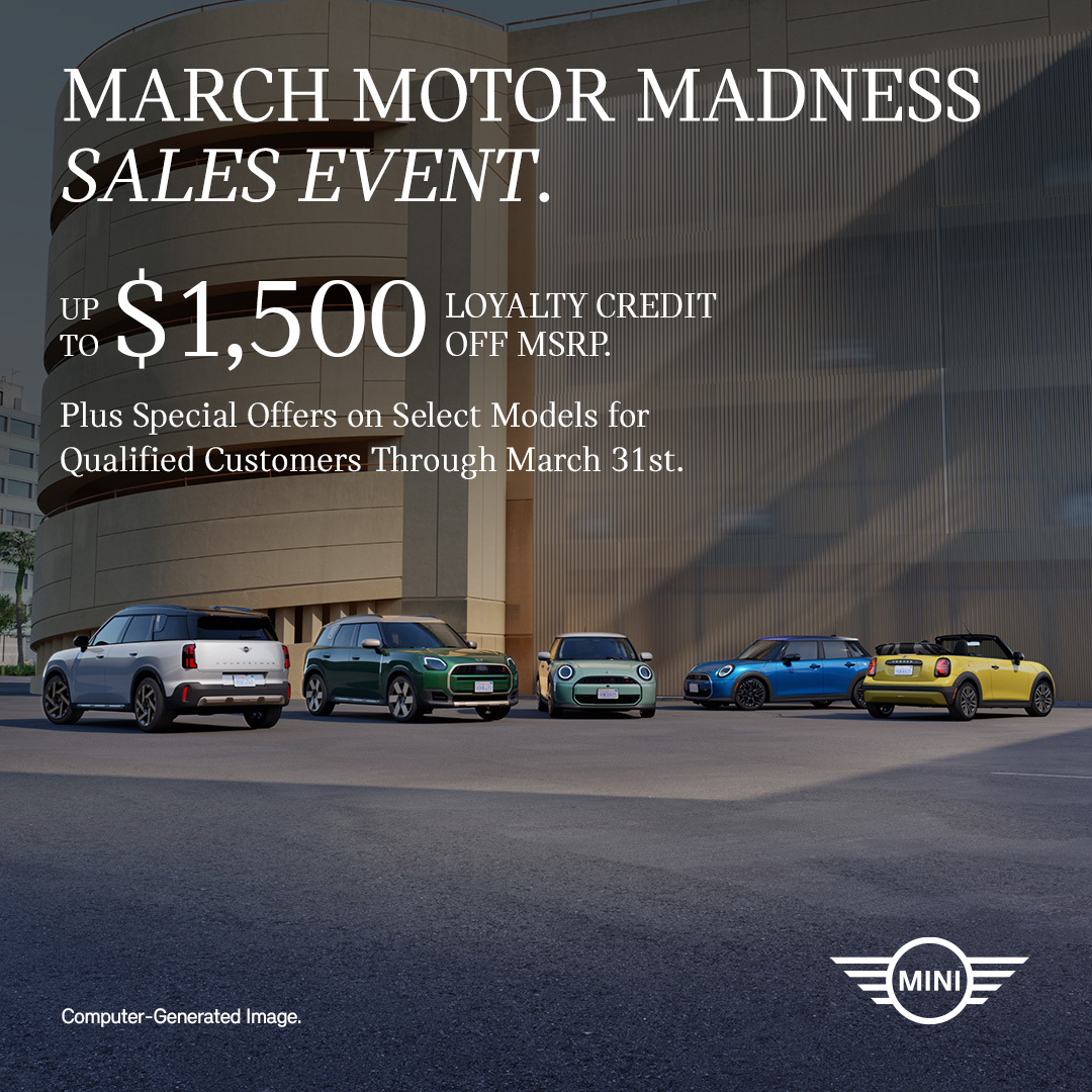 MINIofAustin's tweet photo. March Motor Madness is here! 🏁 Qualified customers can get up to $1,500 Loyalty Credit toward a new 2026 MINI. Plus special lease &amp; APR offers on select models. Hurry in before the clock runs out on March 31. See dealer for details. #MINI #MINIOfAustin https://t.co/zbKsWhQyXU