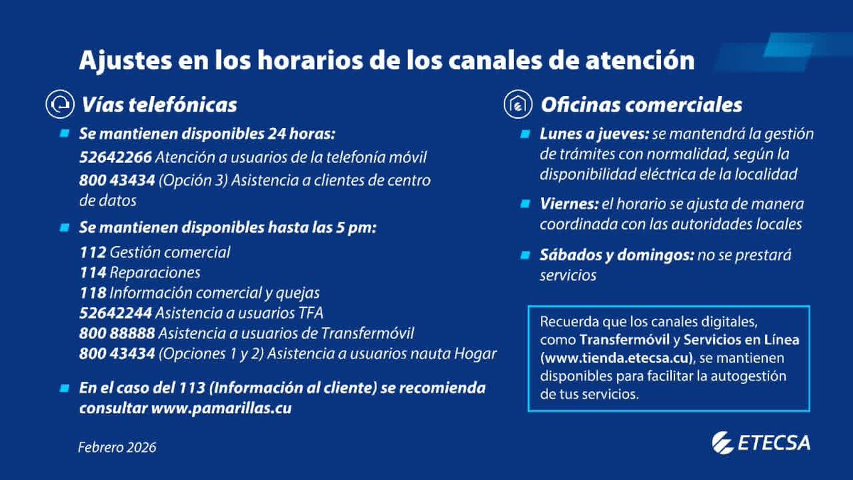 Atención vías telefónicas 📱☎️:
Estarán disponibles hasta las 5️⃣ PM:
👉🏻52642244 Asistencia a usuarios de (TFA).
👉🏻800 88888 Asistencia a usuarios de Transfermóvil.
👉🏻800 43434 Asistencia a usuarios nauta Hogar.
#EtecsaConCuba
<a href="/Williamcg16/">William cg</a>