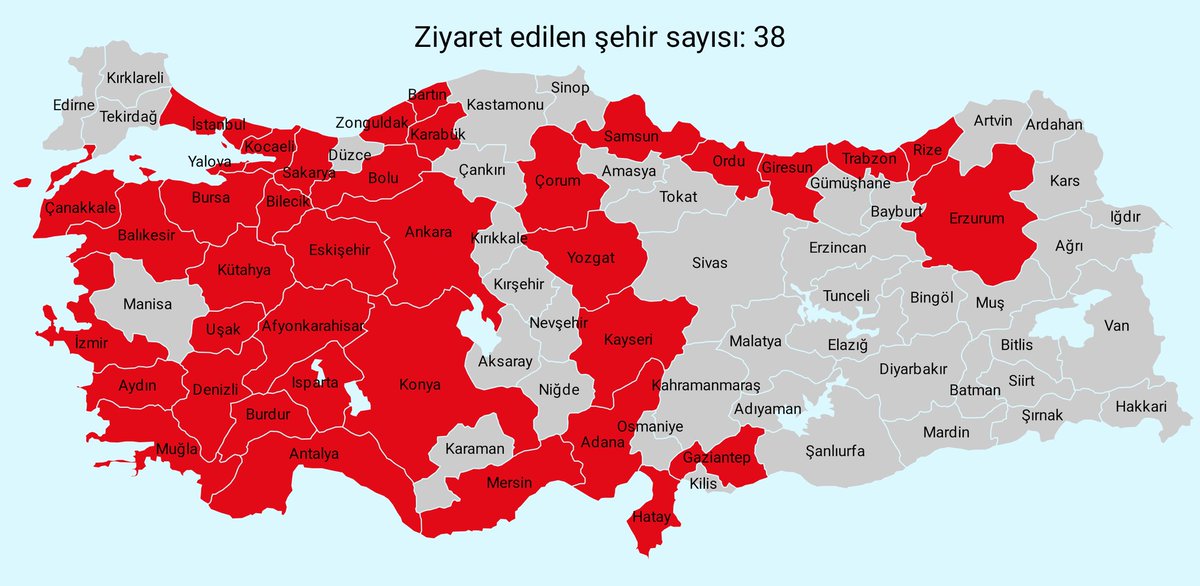 Çoğu deplasman.. Manisa'yı düşündüm de sanırım hiç merkezine gitmedim..
En az 90 dakikalık gördüğüm yerler 😎 Geçio gittiğimiz yerleri işaretlemedim ☺️