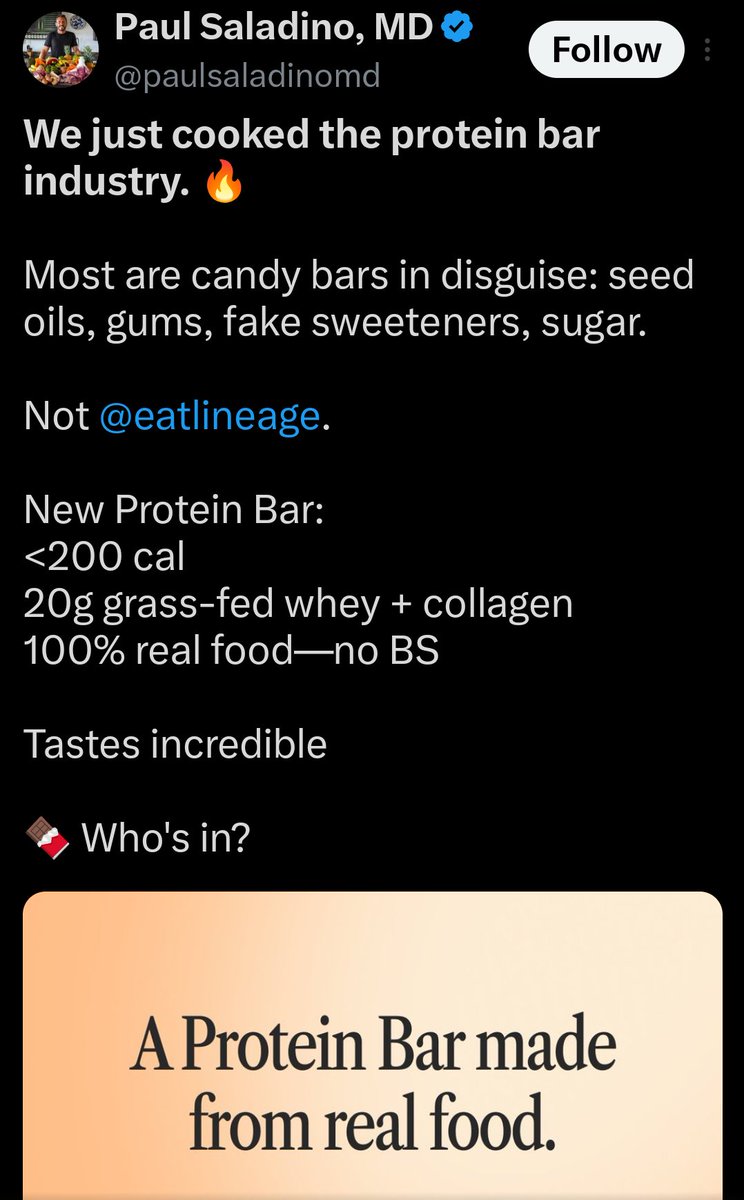 MichaelAlbertMD's tweet image. “Eat real food.”

Like your ultra-processed protein bar? Hypocrisy be damned. #noshame 🤦🏼‍♂️