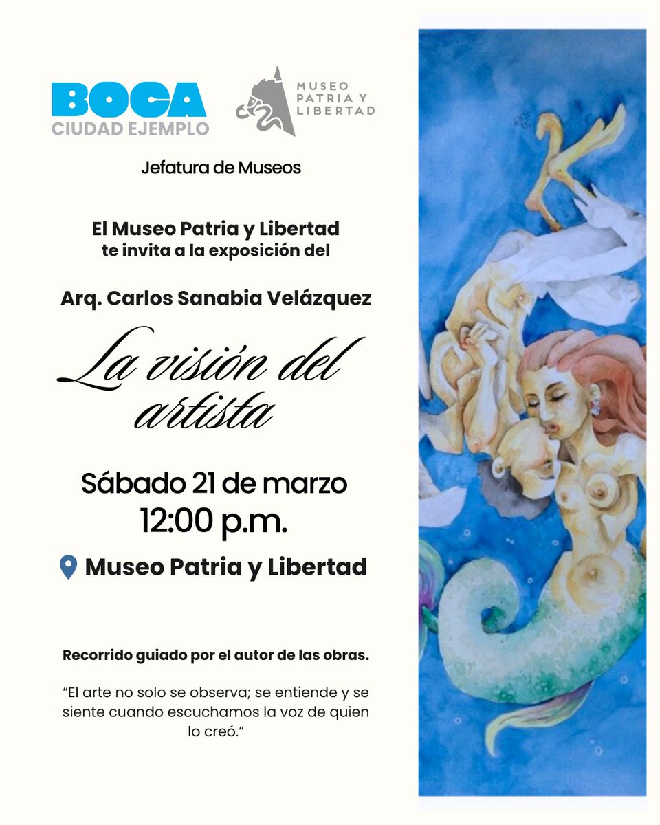 _BocadelRio's tweet photo. Los invitamos a la inauguración y recorrido guiado por el Arq. Carlos Sanabia Velázquez, autor de las obras que componen la exposición “La visión del artista”.

La cita es el próximo sábado 21 de marzo a las 12:00 p.m. en el Museo Patria y Libertad. https://t.co/ummeGcBanY
