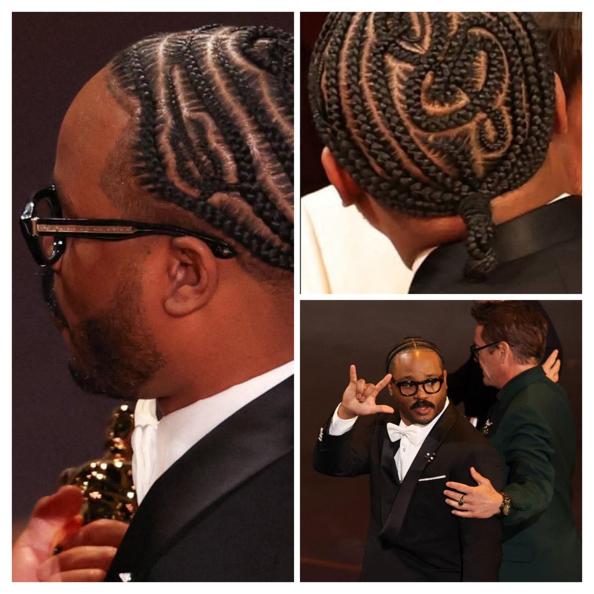 stacysmusic1's tweet photo. Ryan Coogler understood the assignment. He gets it!! Thank you sir!! Guitar and treble clef braided in his hair. #ryancoogler #sinnersmovie #oscars https://t.co/gGFndVO8Xd