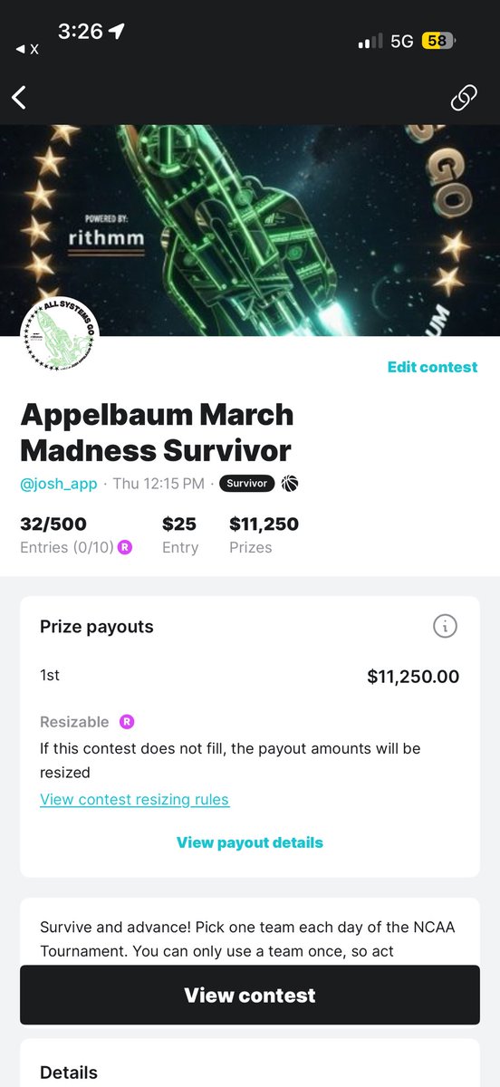 Josh_Insights's tweet photo. Survive and advance! 

Join my #MarchMadness Survivor Contest with @splashsports 

$25 could win you $11,250 
⏬️
https://t.co/Kl7tnL5pqS https://t.co/pybhe3omBn