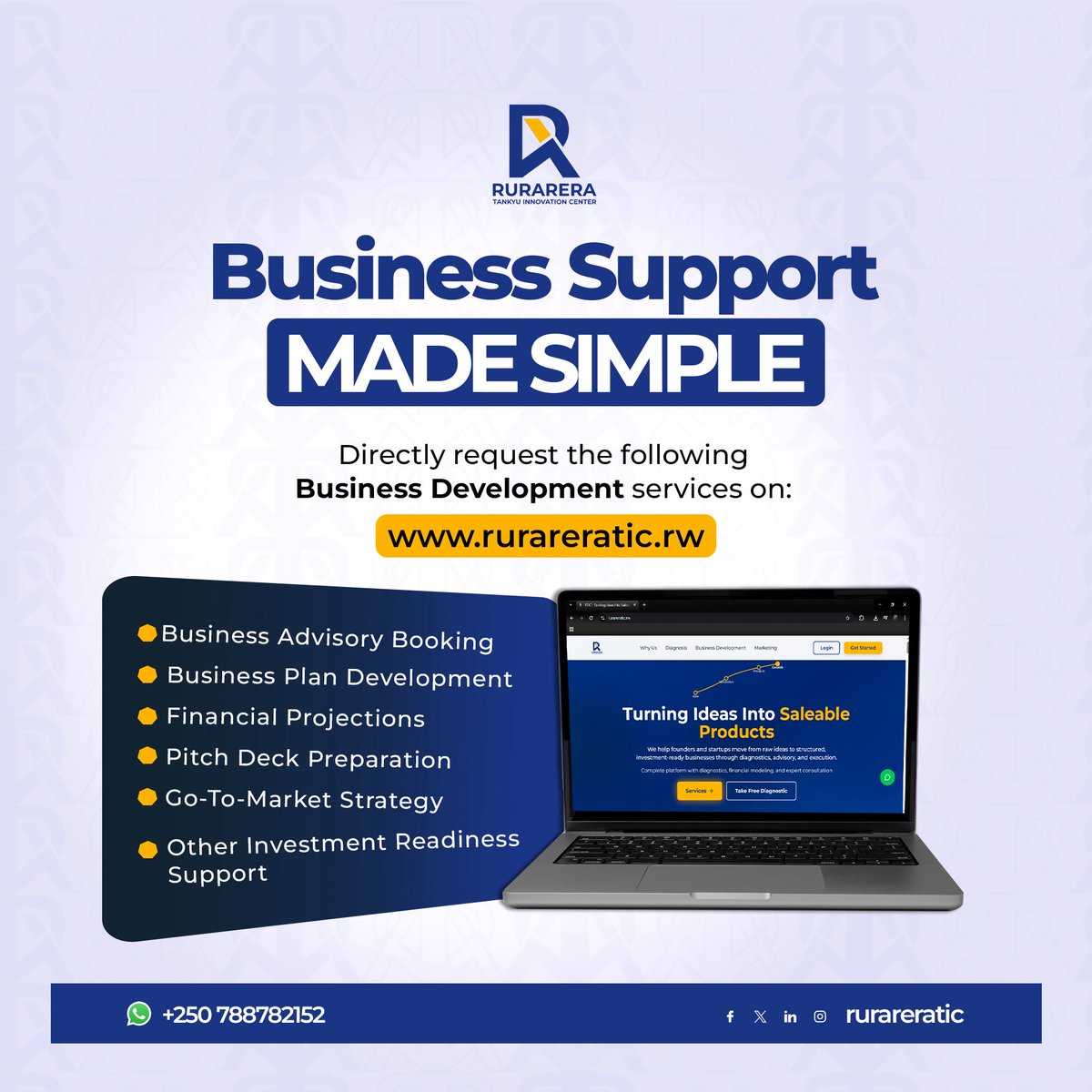 RurareraTIC's tweet photo. Entrepreneurs can now directly request professional business development services on our platform.

From business plans and financial projections to pitch decks and market strategies.

Start here👉https://t.co/sgXPnOLNvO

#entrepreneurship #startupsupport #businessdevelopment https://t.co/ZhVvDlhBpf
