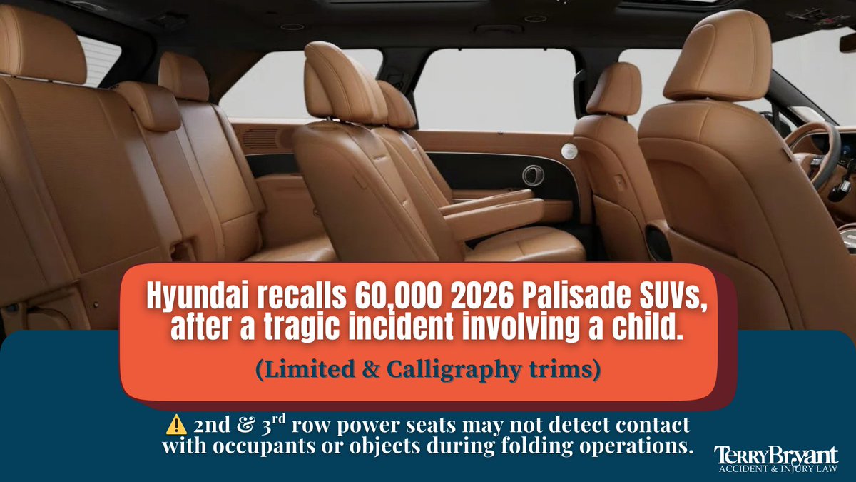 terrybryantlaw's tweet image. ✅ Fix: Interim software update available by the end of March. Hyundai will repair at no cost &amp;amp; offer rental vehicles.

🚨 For more details + recall information, visit: nhtsa.gov/?nhtsaId=26V10…
#HyundaiRecall #PalisadeRecall #VehicleSafety