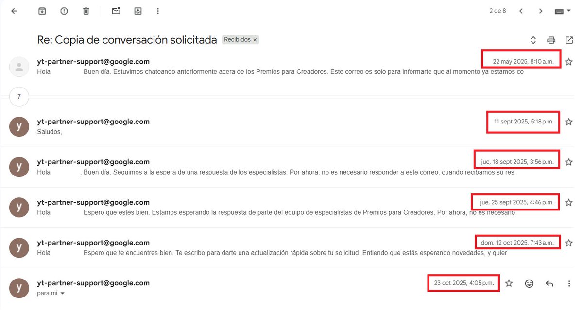 Como ultimo acto de intentar conseguir mi placa adjunto la primera vez que pedí el premio que fue un 22 de mayo de 2025 y como me tuvieron en espera 1 año incluso aunque Venezuela no estaba en la lista de paises baneados <a href="/YouTube/">YouTube</a> <a href="/YouTubeLATAM/">YouTube Latinoamérica</a> que alguien llame a alguien ayuda