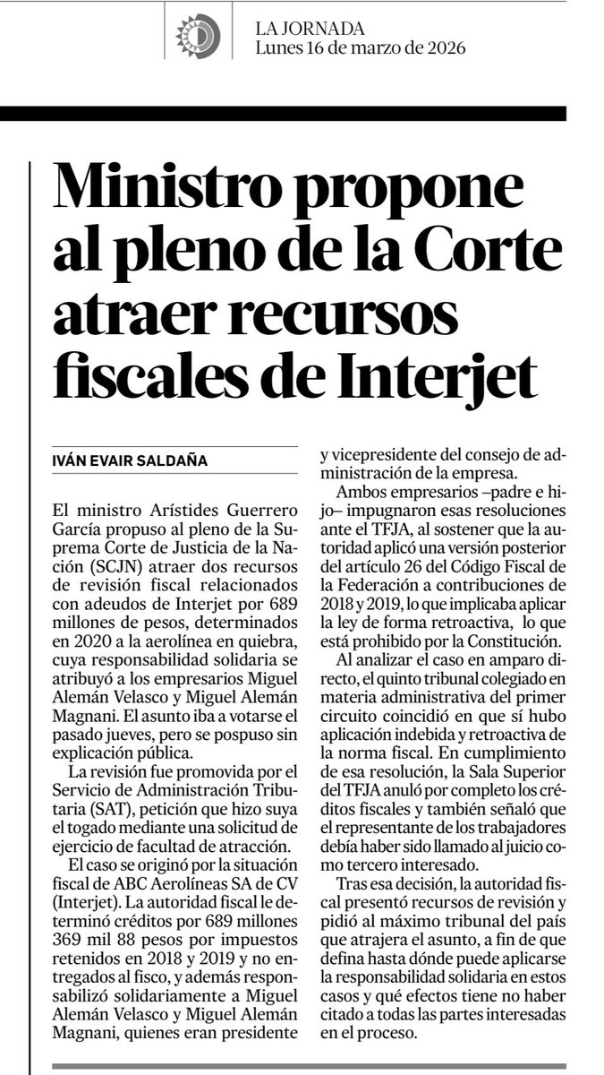 ivanevair's tweet image. Un importante juicio fiscal de #Interjet podría llegar a la #SCJN

El ministro Arístides Guerrero busca que el Pleno atraiga 2 recursos de revisión sobre créditos fiscales por casi 690 mmdp determinados en 2020 a la aerolínea en quiebra Interjet.