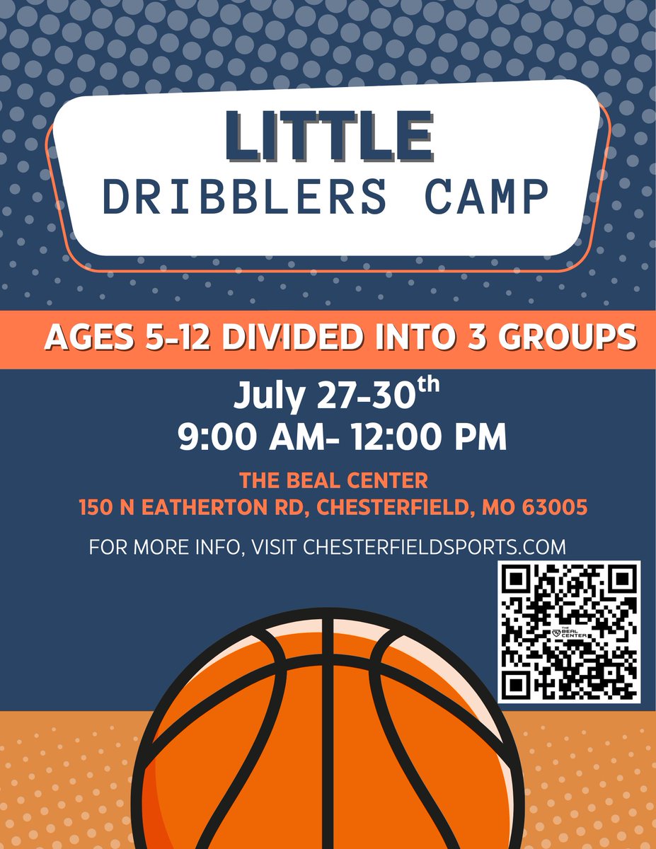BealCenter's tweet photo. 🏀 Little Dribblers Camp

Ages 5–12
📅 July 27–30
⏰ 9AM–12PM
📍 The Beal Center
💲 $100 (4-day camp)
Register: https://t.co/U3atL8Oz7V https://t.co/mw7d3JmxIq