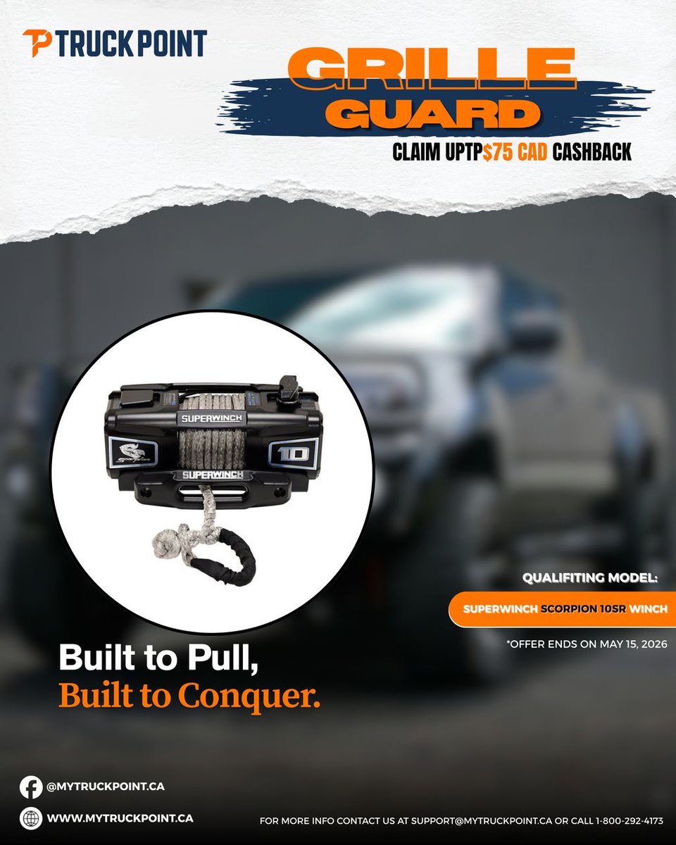mytruckpoint's tweet image. Built to pull. Built to conquer. 💪

Get up to $75 cashback on the Superwinch Scorpion 10SR.

🗓 Mar 15 – May 15, 2026
👉 mytruckpoint.ca

#Superwinch #TruckWinch #OffRoadRecovery #MyTruckPoint