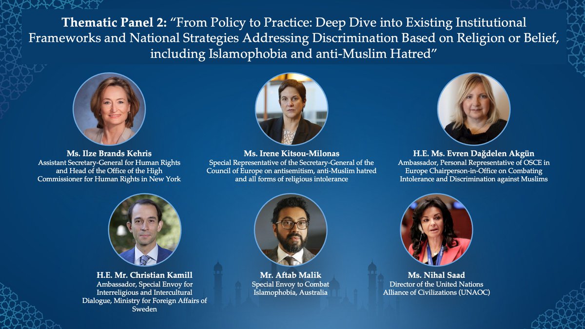 UNAOC's tweet image. 👉 #HappeningNow ➡️ Thematic Panel 2: “From Policy to Practice: Deep Dive into Existing Institutional Frameworks &amp;amp; National Strategies Addressing Discrimination Based on Religion or Belief, Including Islamophobia &amp;amp; anti-Muslim Hatred” moderated by #UNAOC Director @nsaad777.