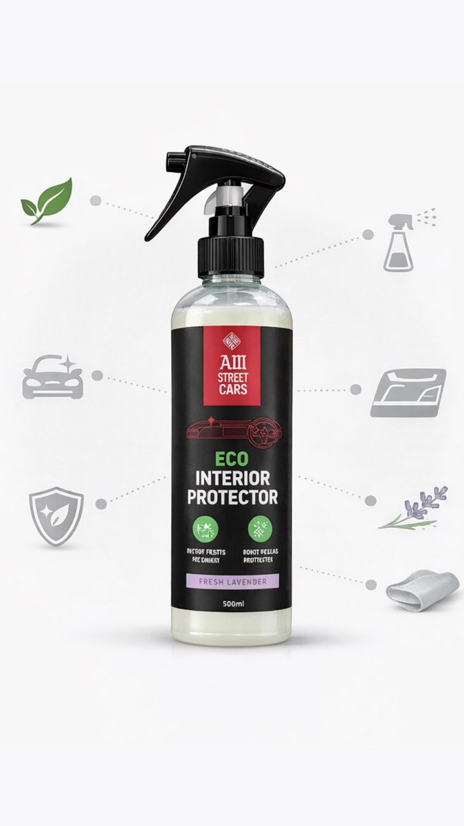 AMStreetCars's tweet image. Your car’s interior deserves better. AM Street Cars Eco Interior Protector: spray, wipe, protect. Eco-friendly, lavender fresh, no harsh chemicals. #CarCare #EcoClean