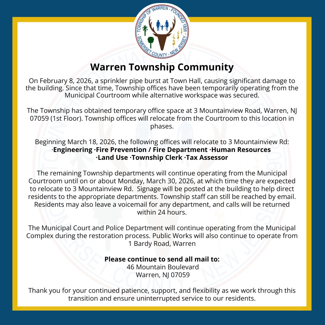 WT offices will temporarily relocate to 3 Mountainview Rd (1st Floor) due to Town Hall damage from the Feb 8 pipe burst. Several departments will move on March 18, with remaining offices relocating on or about March 30. Police, Court and DPW will remain at their current locations