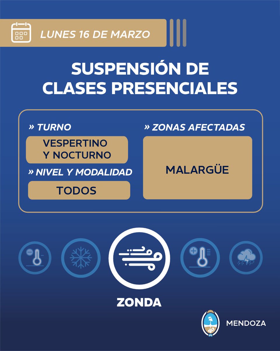 MzaDGE's tweet image. ⚠️ Lunes 16 de marzo

Por zonda se suspenden las clases presenciales en #Malargüe. 

❗La medida rige para los turnos vespertino y nocturno en todos los niveles y modalidades.

🔗: prensa.mendoza.gob.ar/lunes-16-de-ma…
