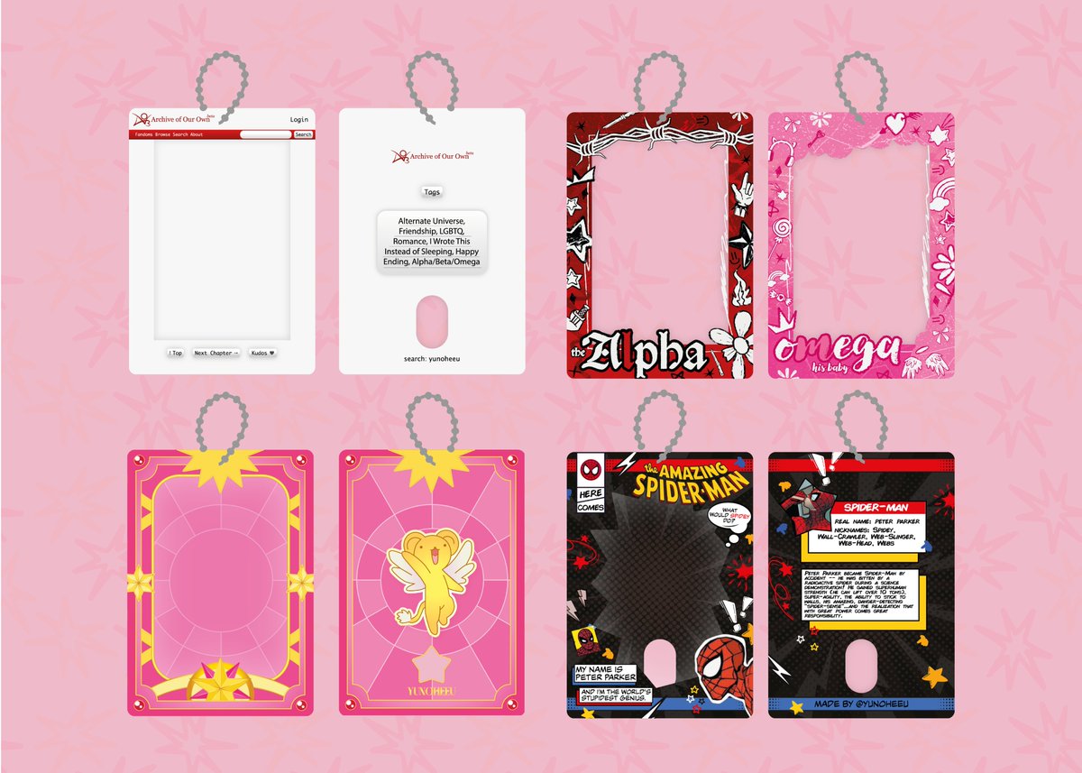 CEG DE HOLDERS EM ACRILICO: AO3, SPIDER-MAN, ALPHA X OMEGA E SAKURA CARD CAPTOR ✨❤️

confira os valores no formulário  
• aberto ate dia 23/03 (ou enquanto tiver vagas) 
• PEDIDOS AQUI: forms.gle/WUB9X1skFZQjbW…
• mais infos no formulário! 
• feedbacks: #yunoheeufeedback