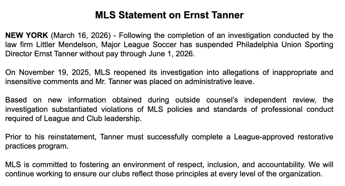 phlsoccernow's tweet photo. MLS has suspended Philadelphia Union Sporting Director Ernst Tanner withouth pay through June 1 #DOOP https://t.co/NUgJk3skB7