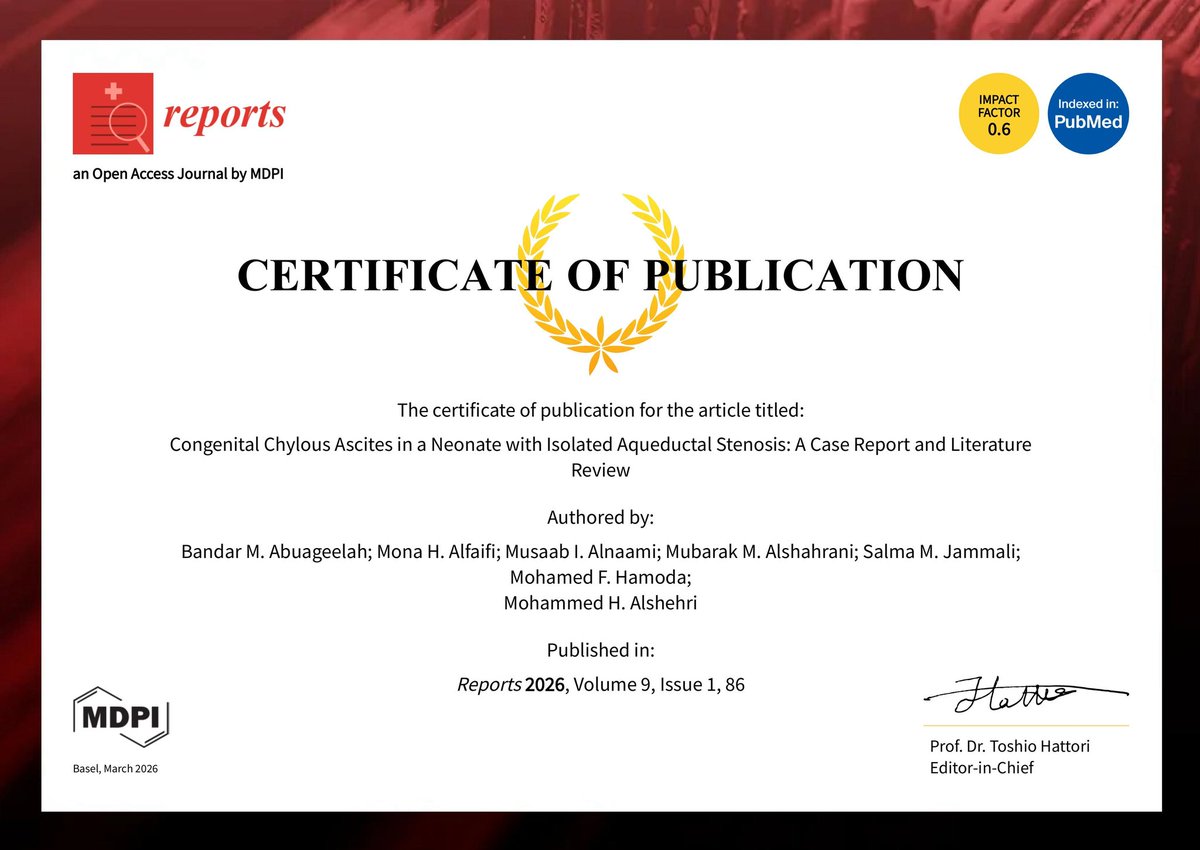 mona_99a's tweet photo. 🎉 Proud to share my new research publication in Reports (MDPI):
“Congenital Chylous Ascites in a Neonate with Isolated Aqueductal Stenosis: A Case Report and Literature Review.” 📄
Grateful to all co-authors and contributors for their support. 🤲🏼
https://t.co/HxT2fIXZwR https://t.co/h5zoQVeX3W