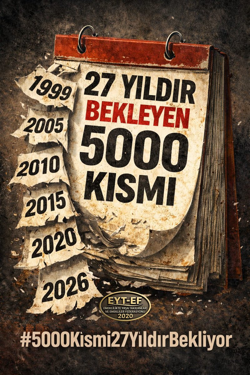 🇹🇷 8.9.99 Öncesi👇
#5000Kısmi27YıldırBekliyor

Dile kolay!
27 yıl...
Bir ömürlük bekleyiş
Prim var! Emek var!
Hak var!
Ama adalet yok !
5000 Prim ve Kısmi Emeklilik
Toplumun kanayan yarası haline gelmiş
Gasp edilen bir Haktır! 
#EmekliyizSandığıBekliyoruz
<a href="/RTErdogan/">Recep Tayyip Erdoğan</a>
<a href="/isikhanvedat/">Prof. Dr. Vedat Işıkhan</a>