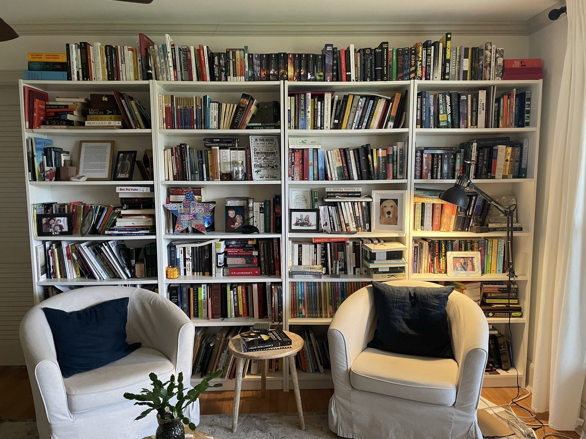 I’m over 1,000. This is my shelf of go-tos. I have 40-ish boxes of books in a closet downstairs from a previous life. Also, I like a chaotic bookshelf.
