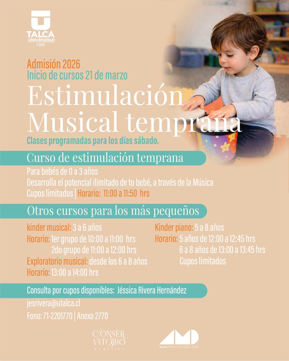 MusicaUTalca's tweet photo. Clases de canto lírico o popular, violoncello e iniciación musical temprana disponibles en el Conservatorio de Música 🎻🎙️

Matrículas desde marzo 2026.

ℹ️ Informaciones: jesrivera@utalca.cl

#MúsicaUTalca
#UTalca https://t.co/dh6UK8TMQO