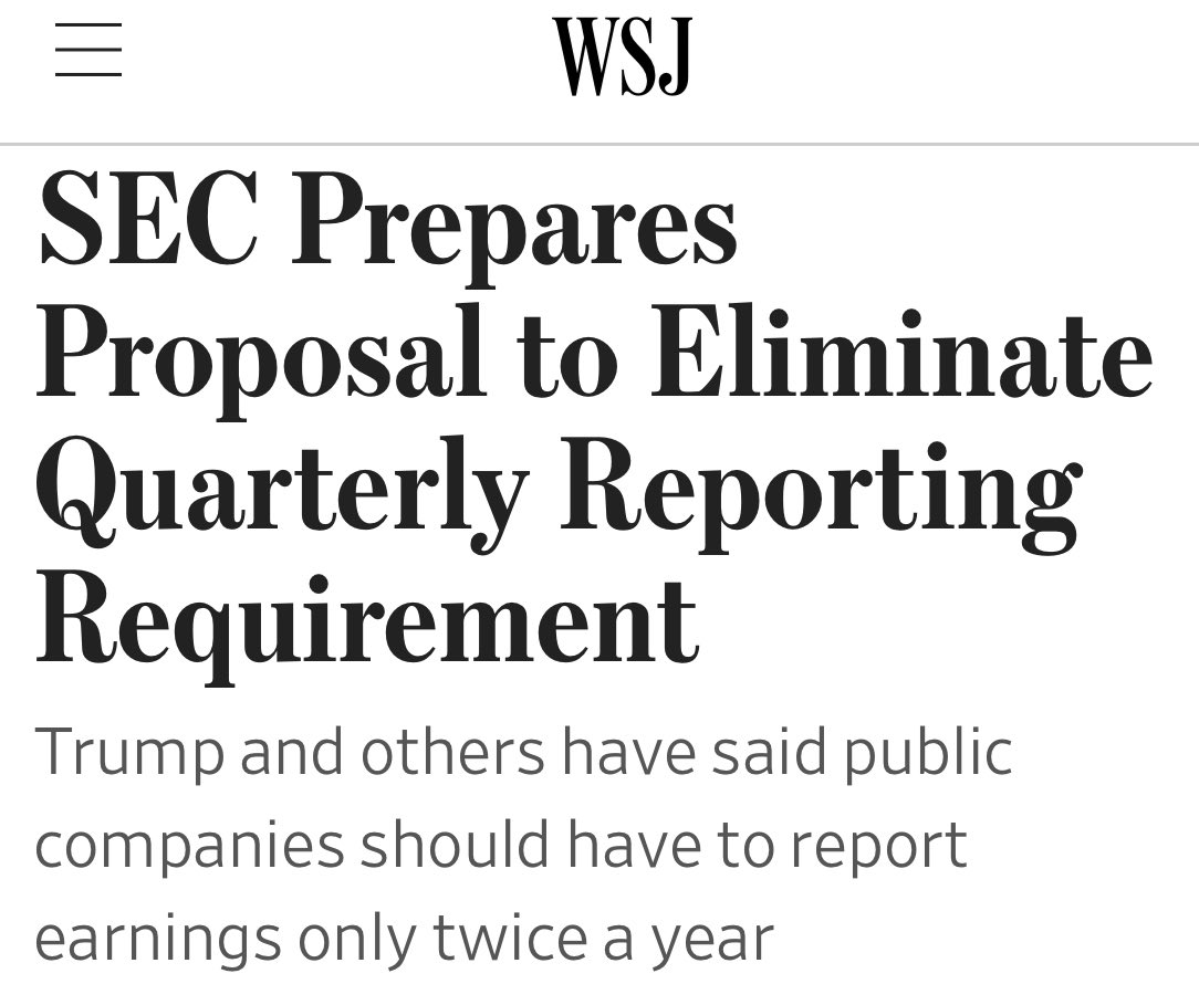 DegenerateNews's tweet photo. NEW: SEC COMMISSION IS PREPARING A PROPOSAL TO ELIMINATE THE QUARTERLY EARNINGS REPORT REQUIREMENT AND INSTEAD GIVE COMPANIES THE OPTION TO SHARE RESULTS TWICE A YEAR - PER WSJ SOURCES

SOURCE: https://t.co/Dceng920hL https://t.co/cSrcnrP0zj