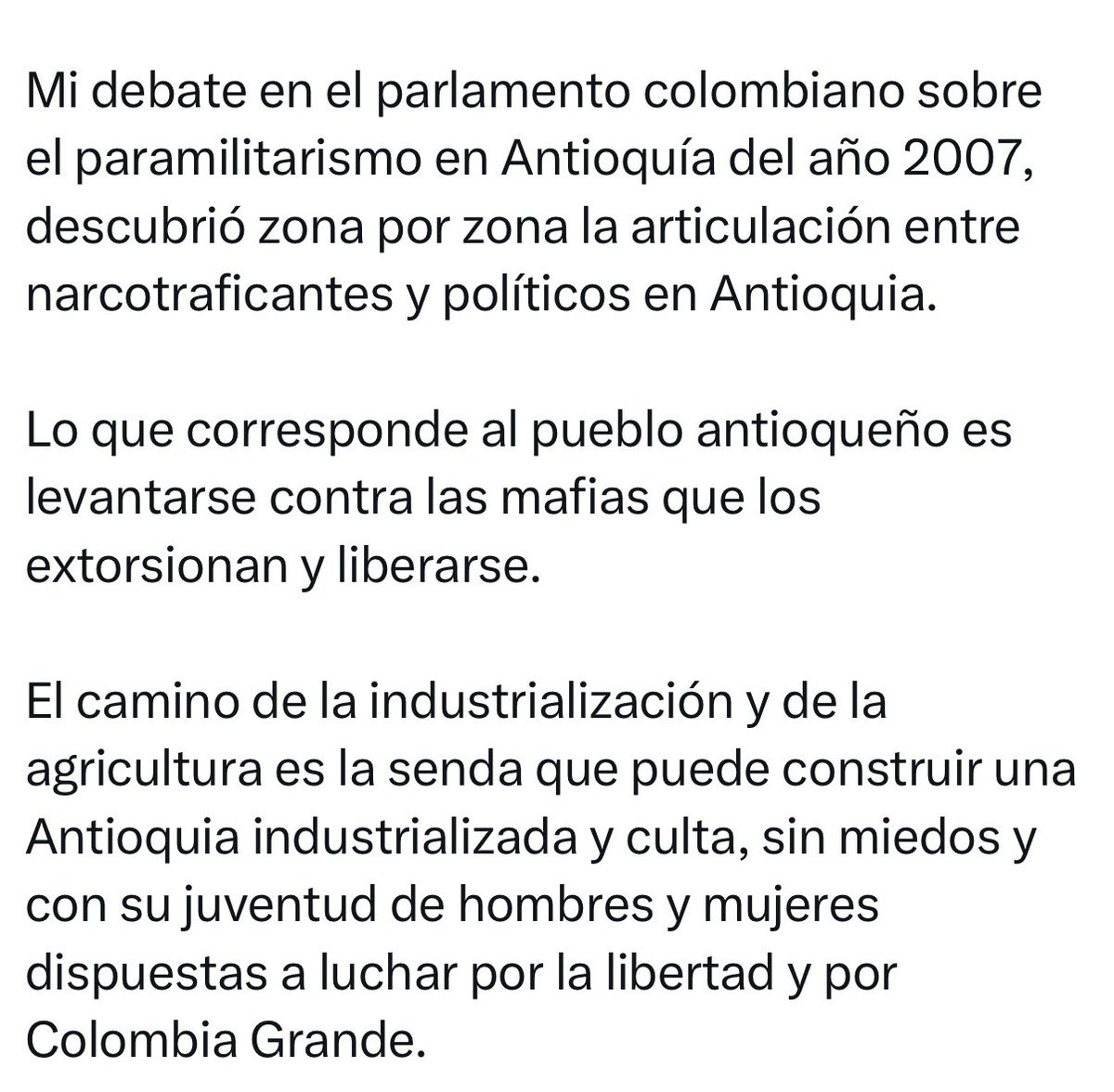 Presidente <a href="/petrogustavo/">Gustavo Petro</a> , reducir a Antioquia a narcotráfico y paramilitarismo no es un análisis histórico: es estigmatización política. 

Habla de paz, pero la destruye cada día cuando gobierna desde la polarización.