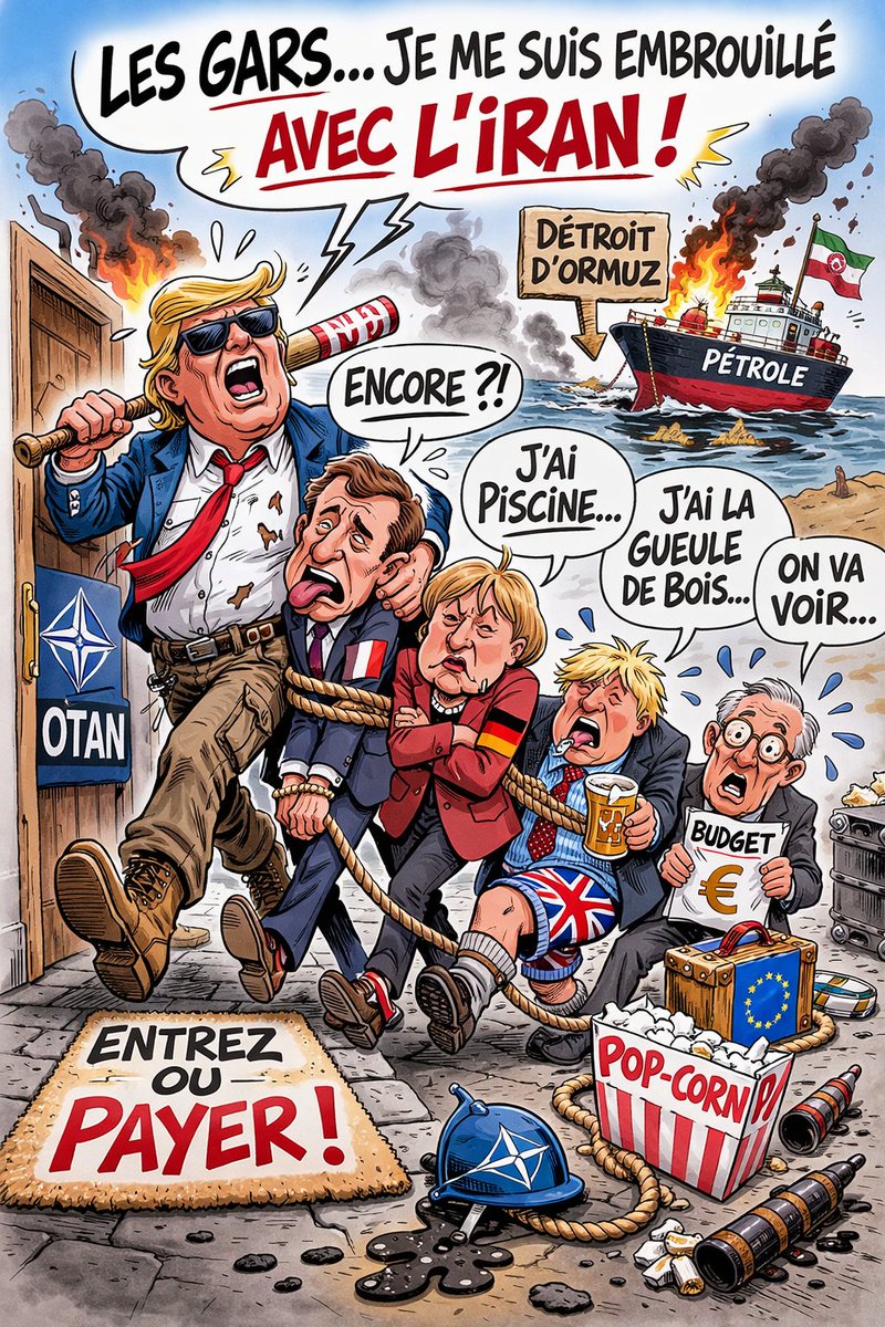 LaTeamFrExit's tweet photo. Donald Trump presse les alliés de l’OTAN de participer à la sécurisation du détroit d'Ormuz 
La question reste ouverte : jusqu’où les alliés doivent-ils suivre Washington ?
#OTAN #Geopolitique #HumourPolitique https://t.co/Oe7iGOkYfZ