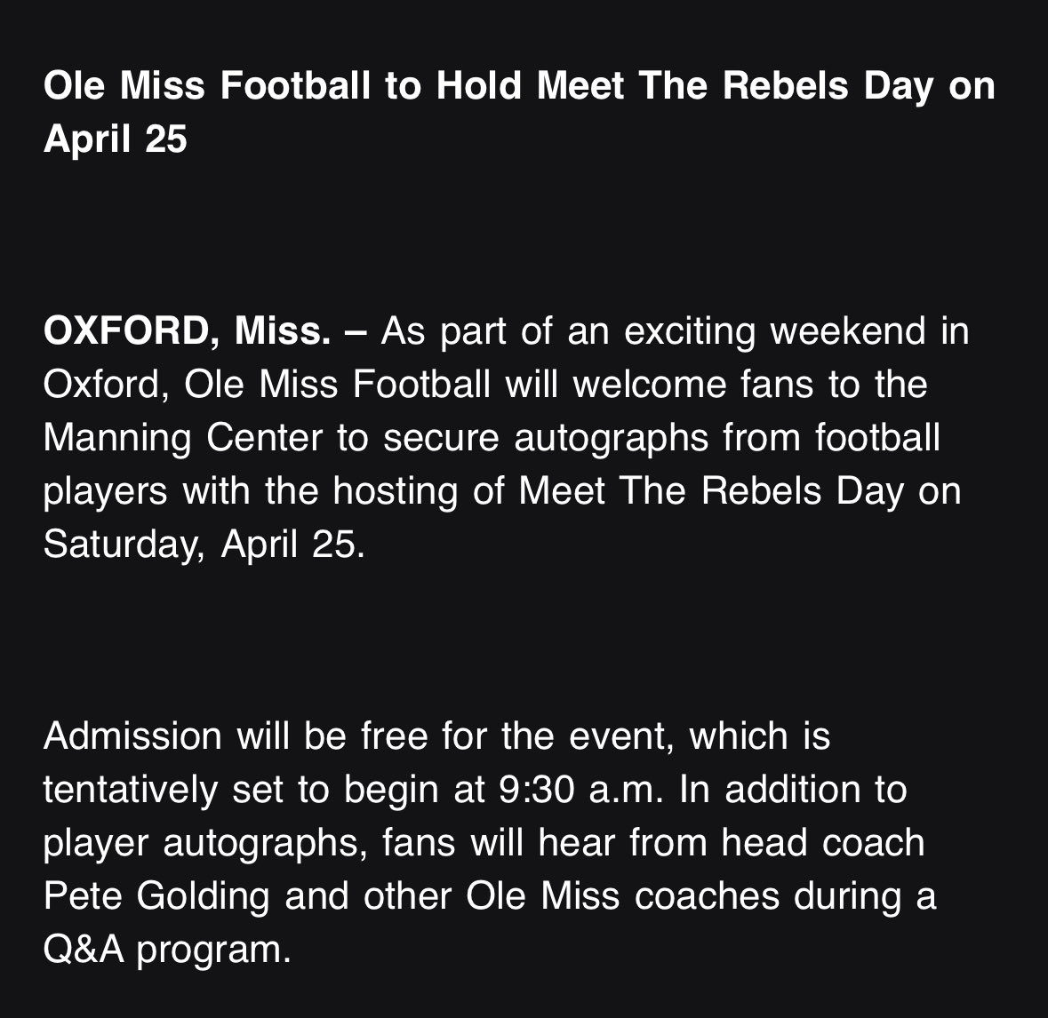 MichaelBorkey's tweet photo. Ole Miss football will be holding “meet the Rebels” day on Double Decker weekend. 

Admission is free for fans which is EXACTLY how it should be. Good stuff @OleMissFB https://t.co/br4BGJVyb8