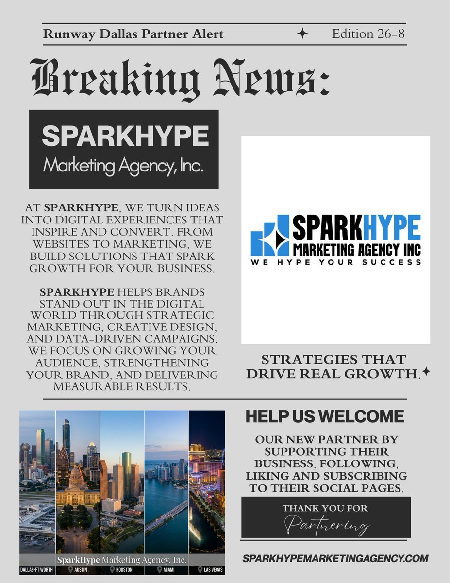 Runway_Dallas's tweet photo. ✨ Partnership Announcement: SparkHype Marketing Agency, Inc.
We’re excited to announce our new partnership with @SparkHype Marketing Agency, Inc.!
Welcome to the Runway Dallas family, SparkHype Marketing Agency Inc—let’s make magic this season.
https://t.co/N8xUXac4Ob https://t.co/oXfunSGw1H