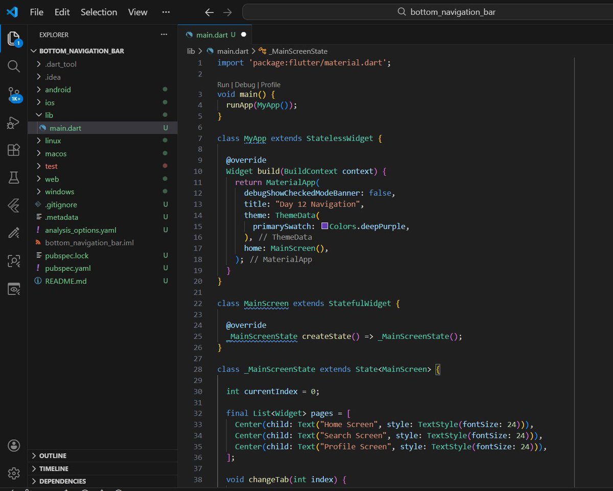 toyosii_ii's tweet photo. Day 12 of #100DaysOfCode Used the Bottom Navigation Bar to switch between Home, Search, and Profile screens.
The selected tab updates the screen dynamically, allowing multiple sections to exist inside one app.
#100DaysOfFlutter https://t.co/mkmT2hspt5