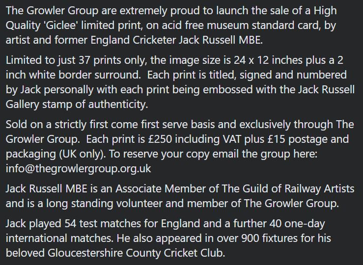 TheGrowlerGroup's tweet image. We are extremely proud to launch the sale of a High Quality 'Giclee' limited print by artist and former England Cricketer @jackrussellart 
Limited to just 37 prints only, the image size is 24 x 12 inches. More info below #class37 #art