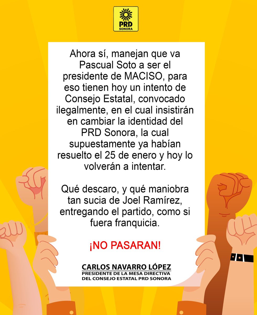 elchiltepin's tweet photo. #Sonora fuerzas oscuras buscan operarse del #PRDSonora.. y el más interesado es el conocido priista Pascual Soto. El presidente del consejo estatal del PRD, Carlos Navarro López hace público esa maniobra política. @NavarroCarlos_ https://t.co/hg6Xx36rOP