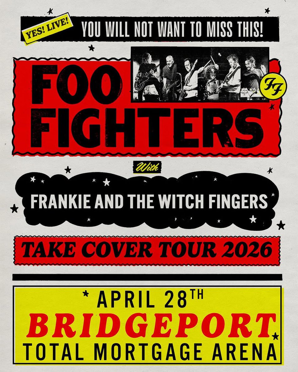 BRIDGEPORT, CT! We're coming April 28, 2026 to the Total Mortgage Arena!!! 🎸🤘

Presale begins tomorrow, March 17 at 10AM ET. Use Code:
FF26YFT

With support from #frankieandthewitchfingers

View all dates at FooFighters.com

#FooFighters #Bridgeport #RocknRoll