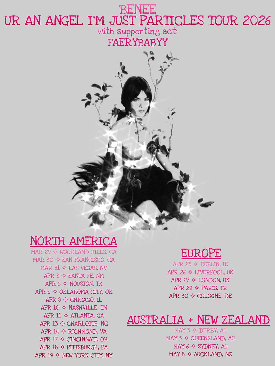 ⠀⠀⠀⇥ March 16th, 2026

benee posted: I’m going on toouuuurrr! 🩷 I’m so excited to get on the road, sing my songs, and dance with you cuties out there! See you all theeeeennnn! 😚😚🫶🏻