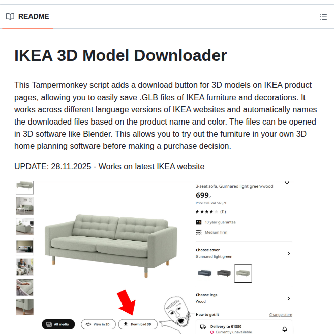 DAIEvolutionHub's tweet photo. Download IKEA furniture as 3D models.

Works directly on IKEA product pages.

Perfect for Blender, 3D design, and home planning.

https://t.co/t9AgDTAGem https://t.co/dFHQL80K3c