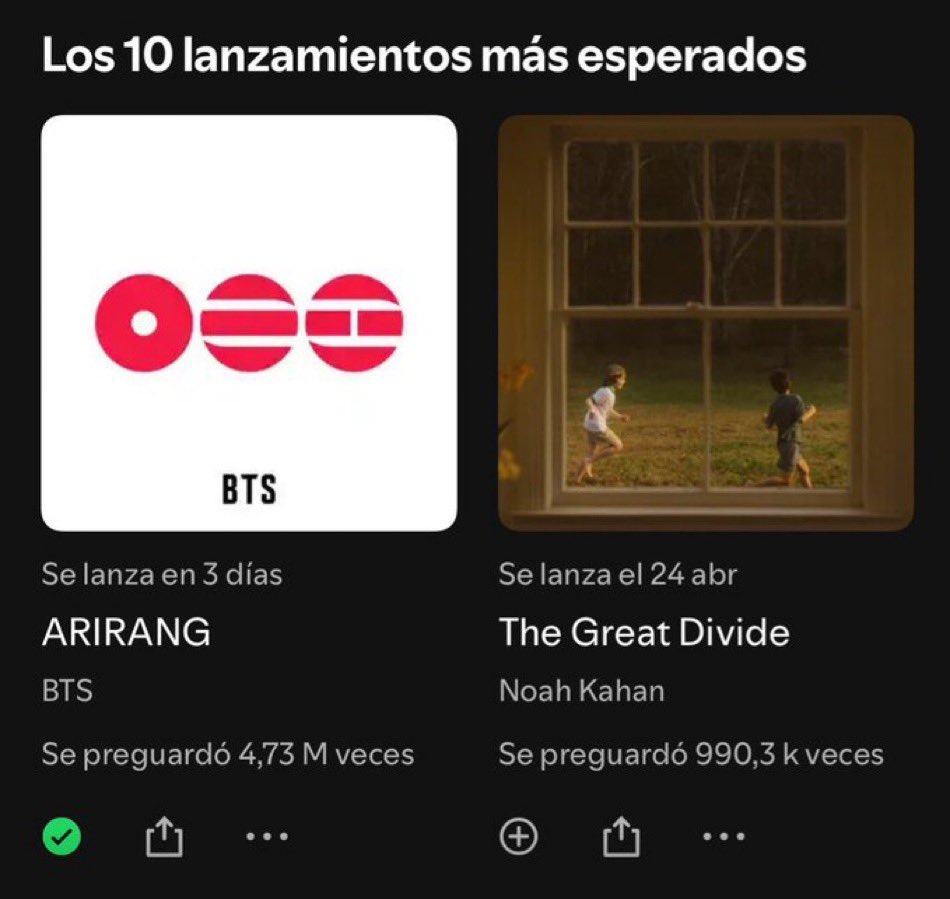 itsbulletproof7's tweet photo. ~ "ARIRANG", ahora cuenta con 4.73M de preguardados en el Spotify Countdown Chart, apuntemos a mas, estamos a 3 días del lanzamiento 👇🏻
~ARIRANG: 4.73M (110K)🔥
~Album más preguardado: 6M 

#BTS #arirangs #BTSArirangComeback
                             --abi_jk💗 https://t.co/IaQWIZCIIN