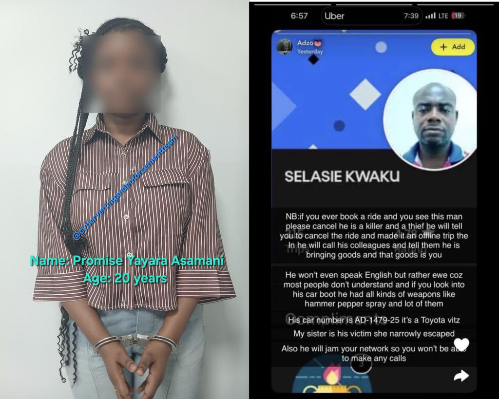 The Ghana Police Service has confirmed the arrest of 20-year-old Promise Yayra Asamani by the Cyber Vetting and Enforcement Team for allegedly publishing false information on social media. 

The viral post falsely labeled a 43-year-old Uber driver Selasie Kwaku Anthonio as a