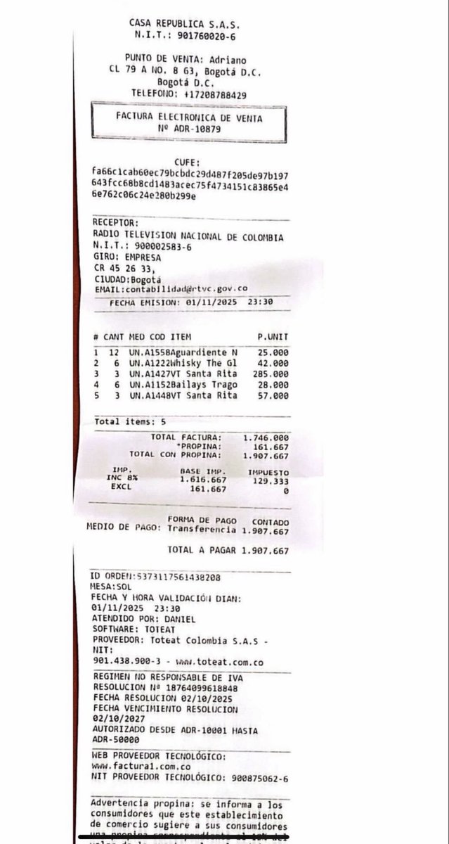 Uso irregular de recursos públicos en RTVC parapagos de whisky, aguardiente, bebidas alcohólicas y cenas costosas facturadas a nombre de esta entidad.  

¿ Como justificará el señor <a href="/HOLLMANMORRIS/">Hollman Morris</a> estos consumos ? Los hechos sugieren  que sería solo la superficie de