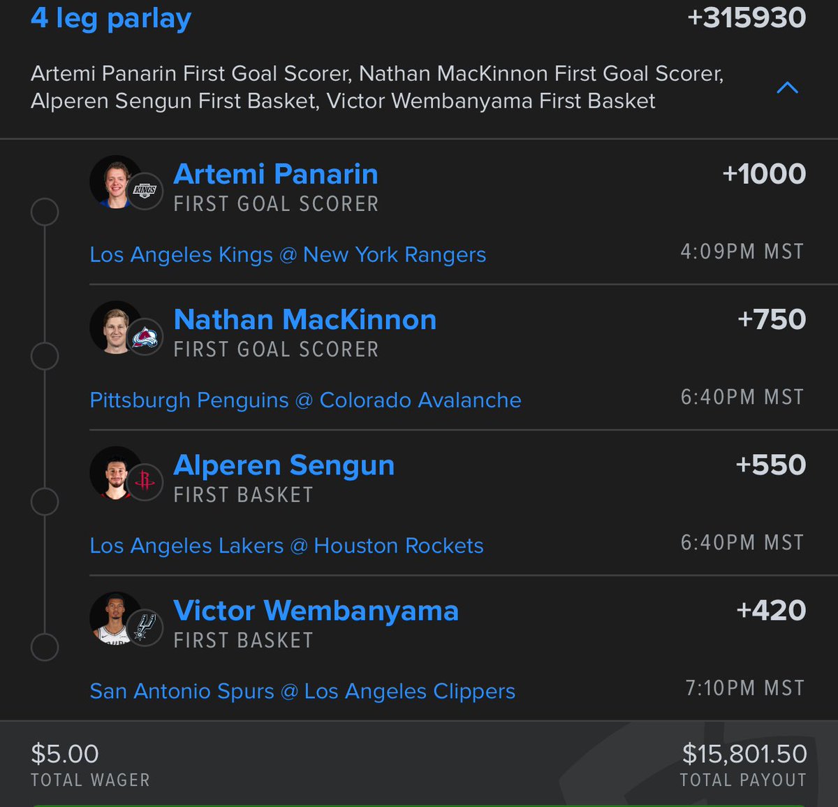AnthoApes's tweet photo. First Scorers NHL x NBA Combo π«‘
#FB #Firstscorer #NHL #Goals #Firstbaskets #quickhits #lotto #NBA #Bets #Slips #PlayerProps #SameGameParlay #SportsBetting #GamblingTwitter #Fanduel https://t.co/LjY37HmkwO