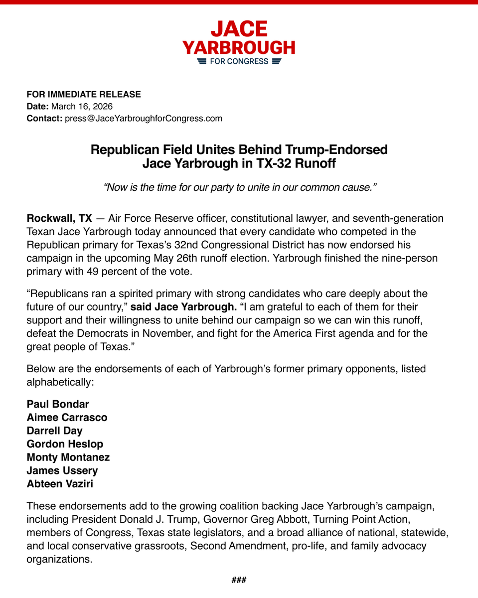 Our campaign is proud to have earned the endorsement from each of my former opponents in #TX32. 

Republican unity is how we will defeat the left and provide the necessary reinforcements for President Trump to secure the America First agenda and Make America Great Again!