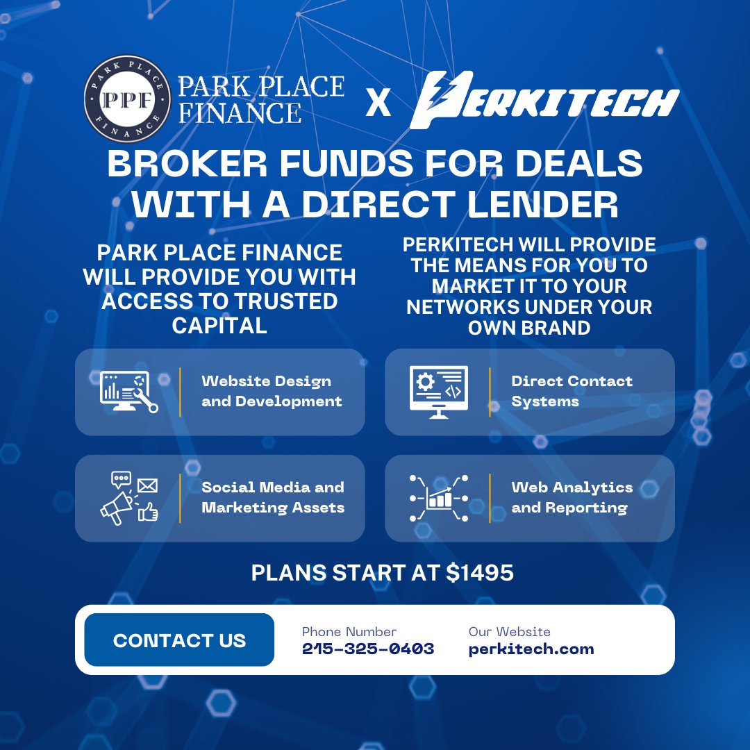 perkitech's tweet photo. We are proud to have partnered with Park Place Finance to assist individuals looking to assist investors in loans for real estate deals to have access to capital without requiring any direct funds.

For more details, please call, text or reach out to us at our website. https://t.co/TE20O5A4Nc