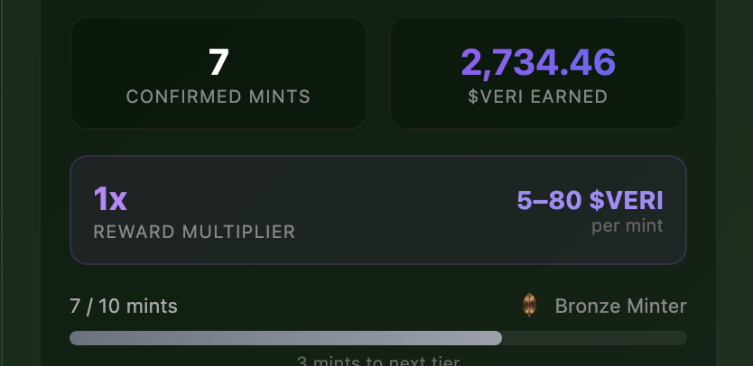 VeriMintApp's tweet photo. Closed beta perks right now:

-5 free mints/day (no gas worries)
-Earn real $VERI per paid mint (random amount + tier bonuses)
-10,000,000 $VERI allocated to beta minters
-Custom royalties, multi-chain support, certificate mode for non-NFT proof

TGE 2027 means stacking early = massive upside. First movers only – spots limited!
Who's jumping in to mint their next AI masterpiece? Drop a 🔥 if you're hyped